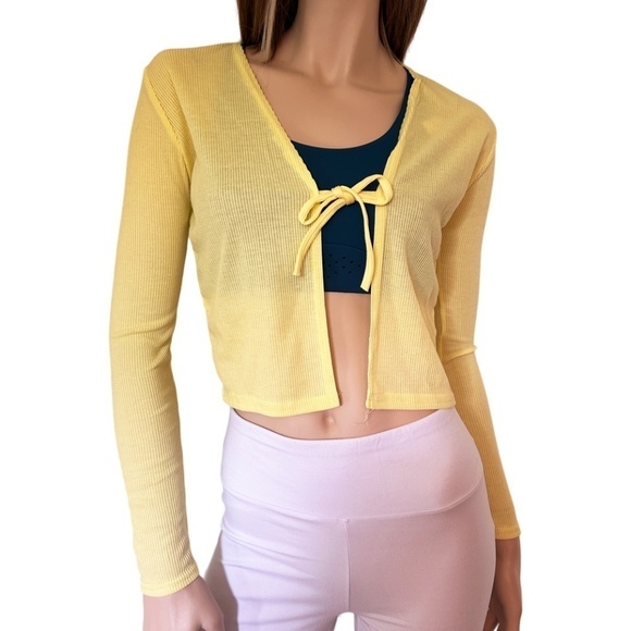 PrettyLittleThing Cardigan Sweater Yellow Lightweight Long Sleeve Front Tie NWOT - Picture 7 of 12